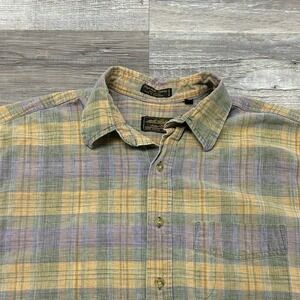 Vintage Eddie Bauer Purple Green Tartan‎ Plaid Mens L Short Sleeve Button Shirt